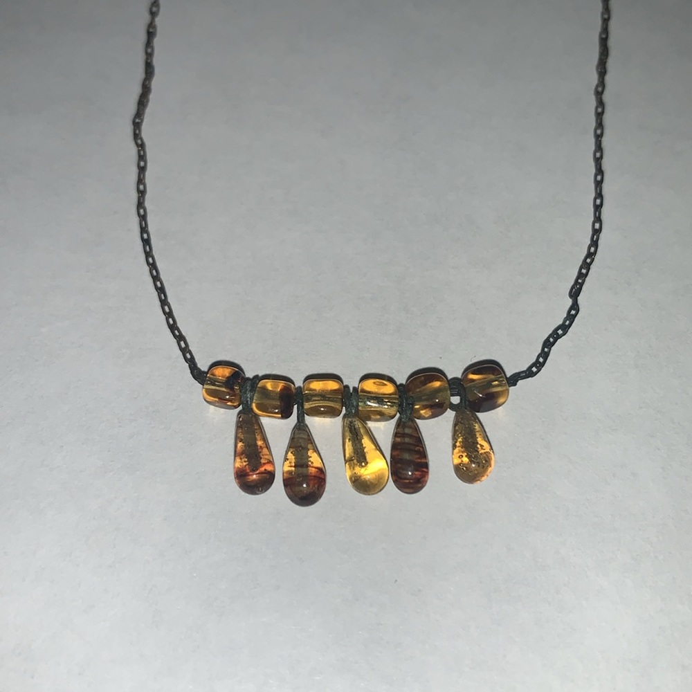 Vintage Amber Teardrop Necklace set on antique Brass chain